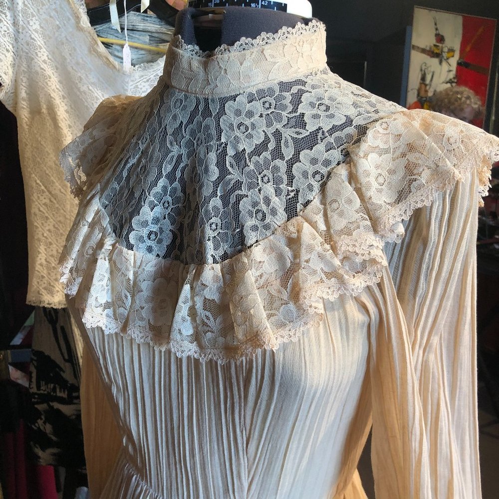 VTG 70s Candi Jones Gauze/Lace Boho Maxi Dress - Picture 9 of 14